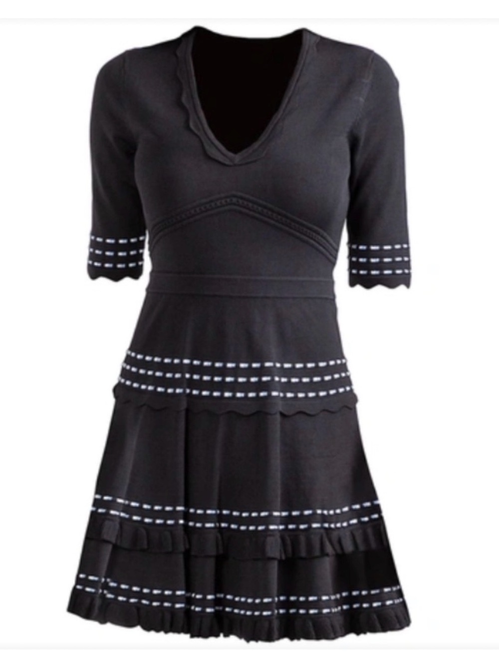Shoshanna Black V-Neck A-Line Dress with White Stitching